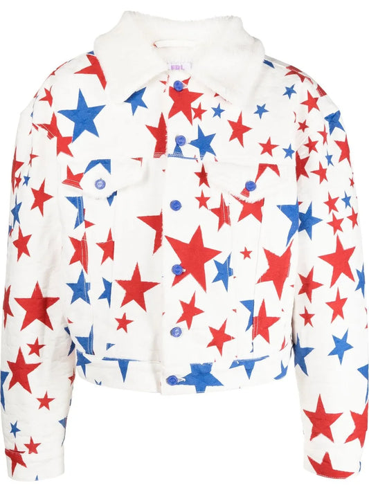 Star Print Faux-Fur Collar Denim Jacket