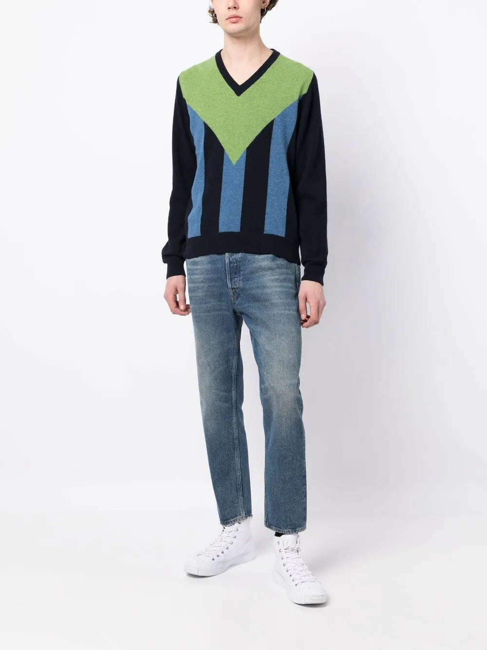 Vertical-Stripe V-Neck Jumper