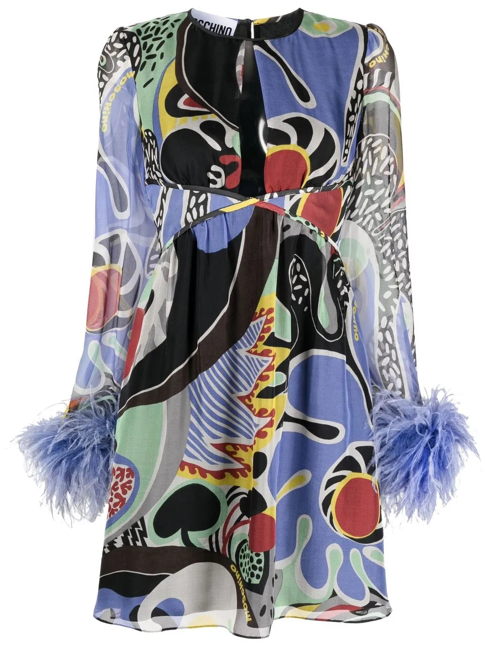 Feather-Trim Psychedelic Print Dress