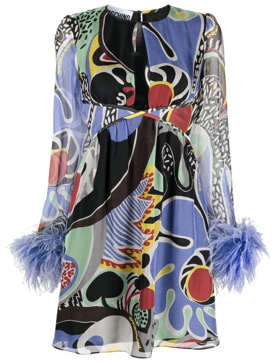 Feather-Trim Psychedelic Print Dress