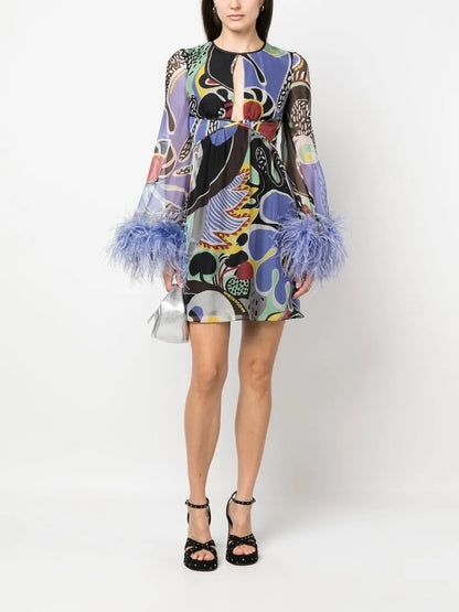 Feather-Trim Psychedelic Print Dress