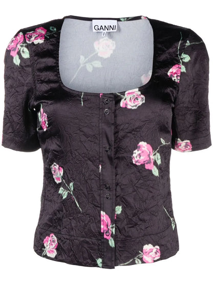 Floral-Print Crinkled Satin Blouse