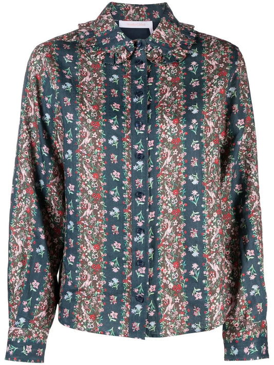 Floral-Print Ruffle-Collar Shirt