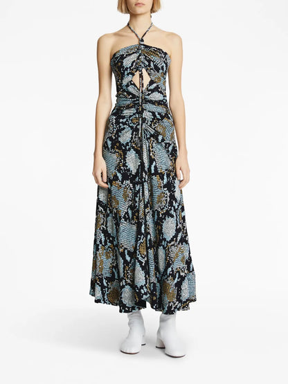 Snake-Print Halterneck Midi Dress