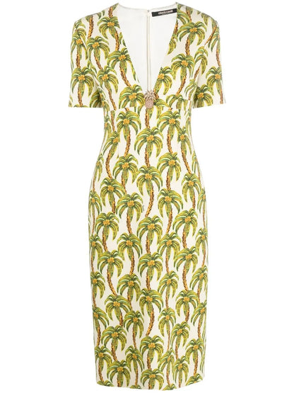 Palm Tree-Print Midi Dress