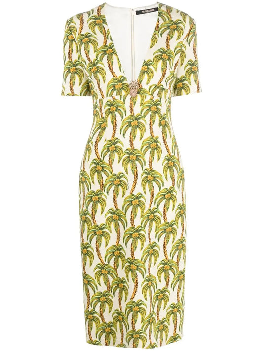 Palm Tree-Print Midi Dress
