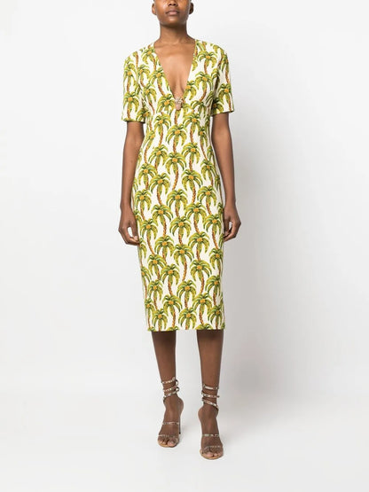 Palm Tree-Print Midi Dress