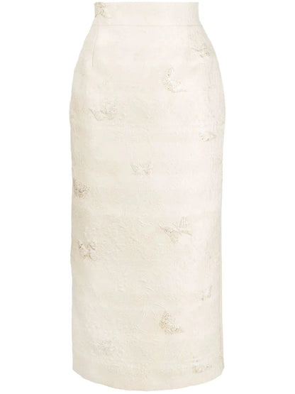 Butterfly-Jacquard Midi Pencil Skirt