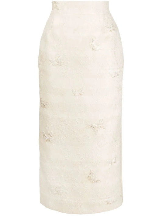Butterfly-Jacquard Midi Pencil Skirt