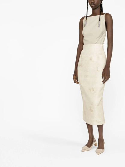 Butterfly-Jacquard Midi Pencil Skirt