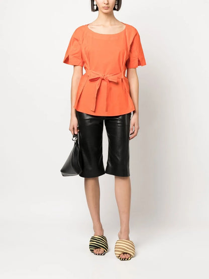 Tied-Waist Short-Sleeved Blouse