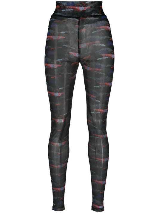Bird-Print Semi-Sheer Mesh Leggings