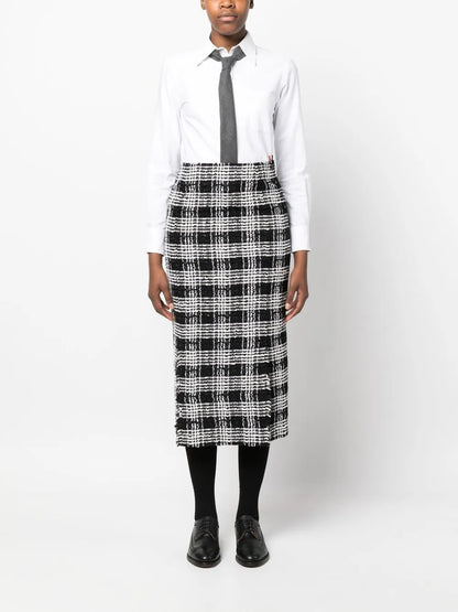 Check-Pattern Calf-Length Skirt