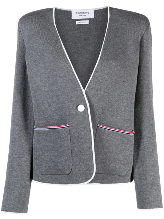 Contrasting-Trim Collarless Jacket