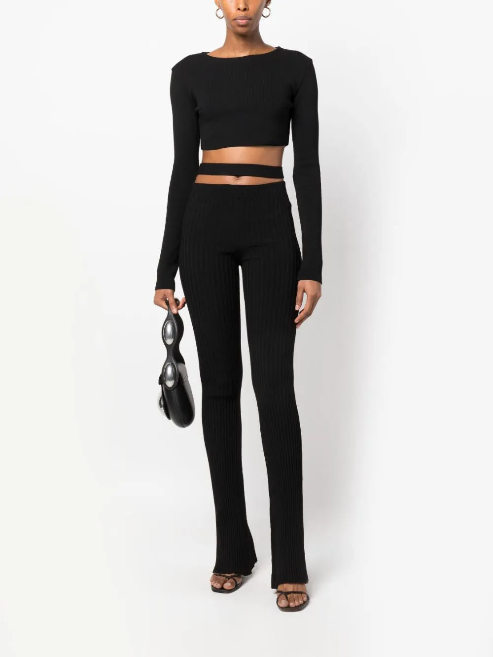 Cut-Out Ribbed-Knit Flared Trousers