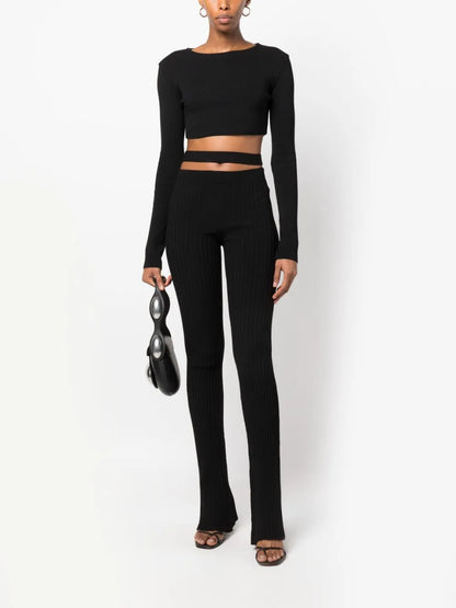 Cut-Out Ribbed-Knit Flared Trousers