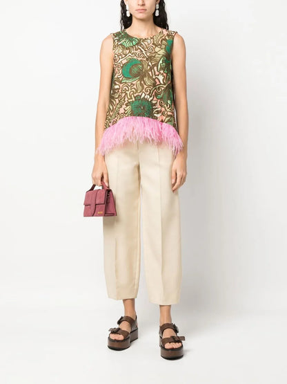 Painterly-Print Feather-Detail Top