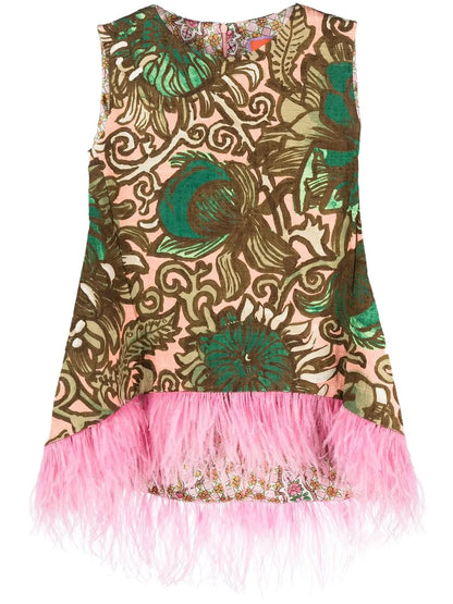 Painterly-Print Feather-Detail Top