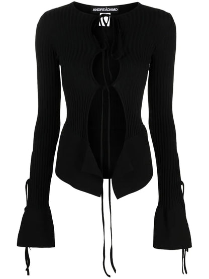Tie-Fastening Long-Sleeve Knitted Top
