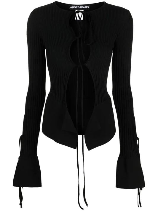 Tie-Fastening Long-Sleeve Knitted Top