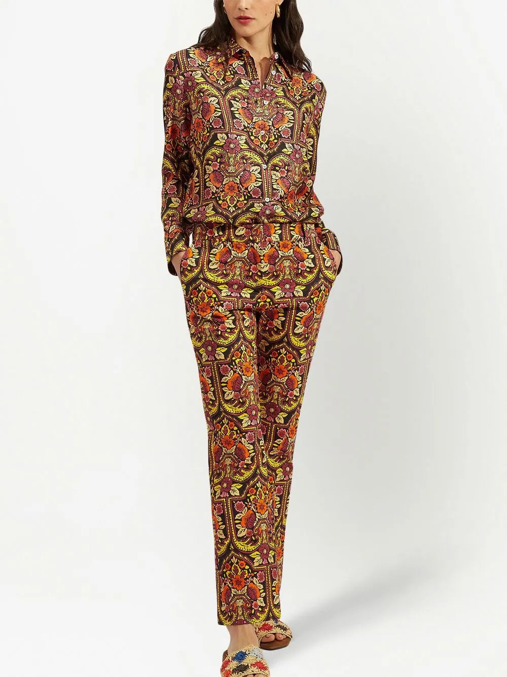 Floral-Pattern Flared Trousers