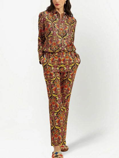 Floral-Pattern Flared Trousers