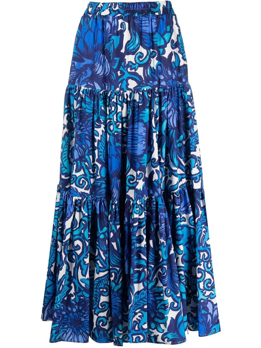 Graphic-Print Tiered Cotton Skirt