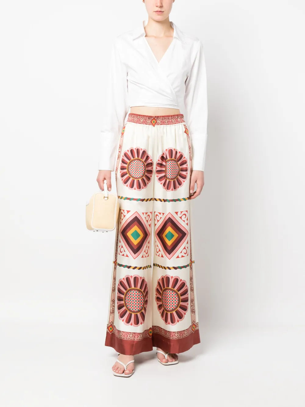 Tile-Print Silk Palazzo Trousers