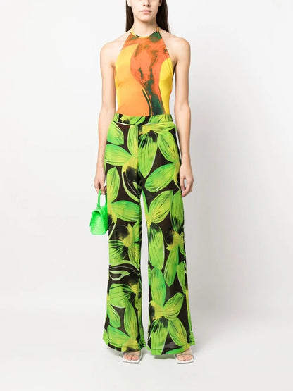 Leaves-Pattern Wide-Leg Trousers
