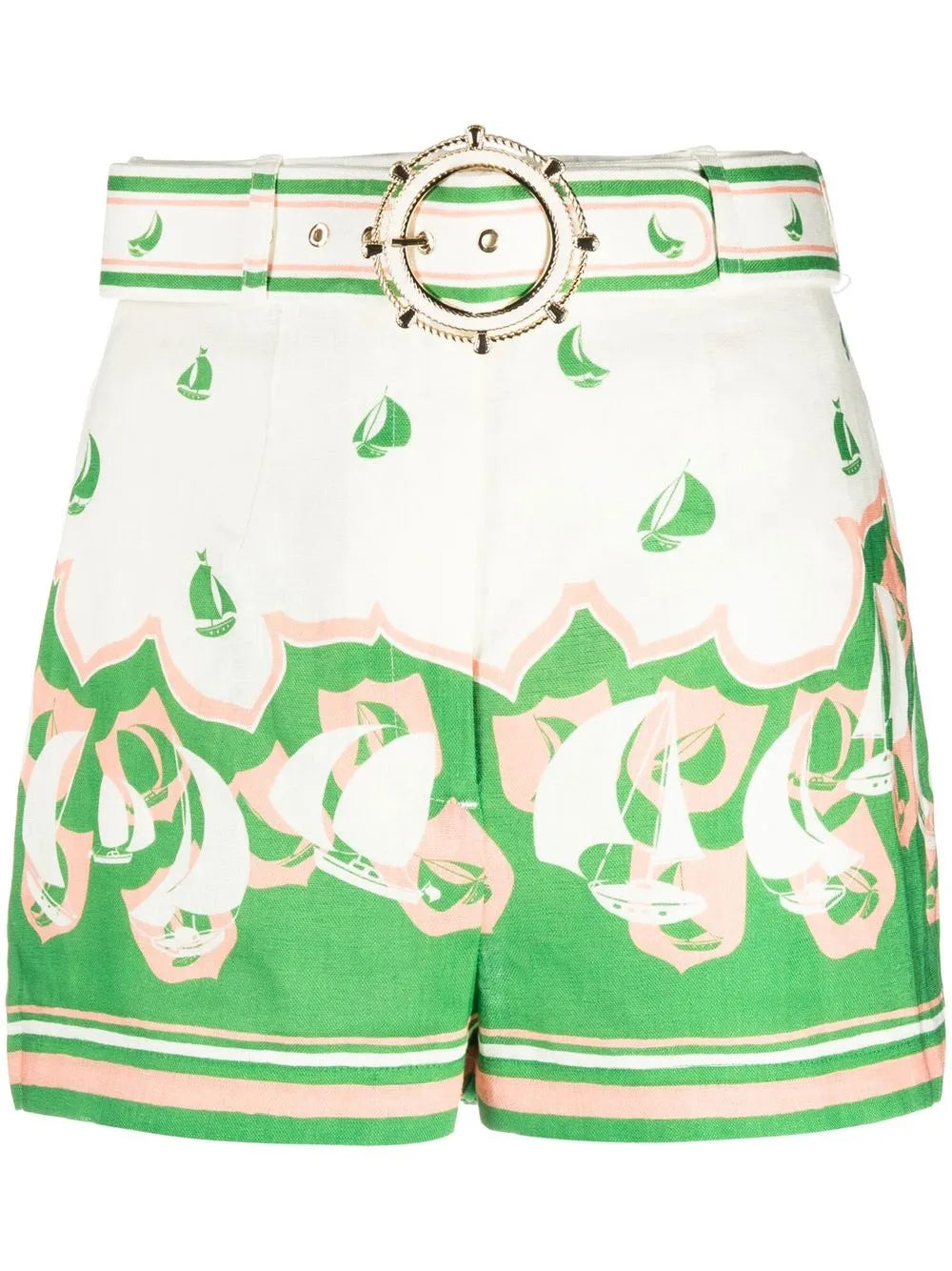 High Tide Sailboat-Print Belted Shorts