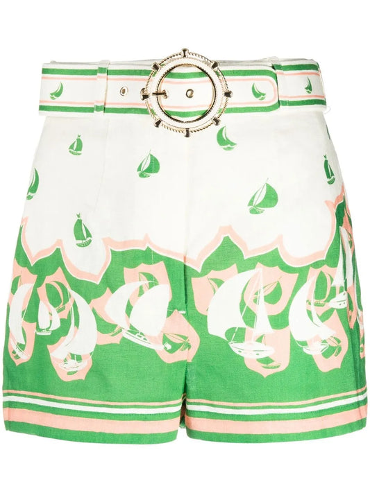 High Tide Sailboat-Print Belted Shorts