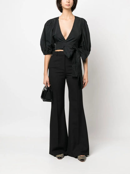 V-Neck Cropped Wrap Blouse