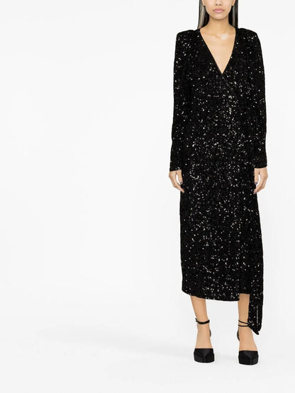 Sequin-Embellished Wrap Midi Dress