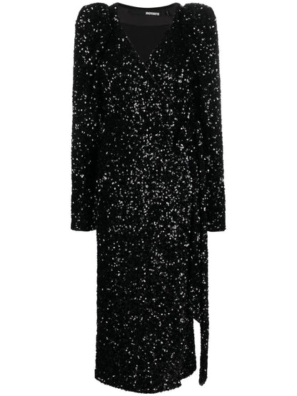 Sequin-Embellished Wrap Midi Dress