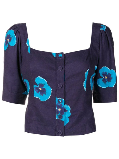 Button-Front Floral-Print Blouse