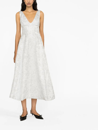 Floral-Embroidered V-Neck Dress