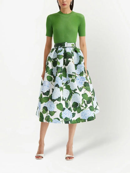 Floral-Print Belted Midi Skirt