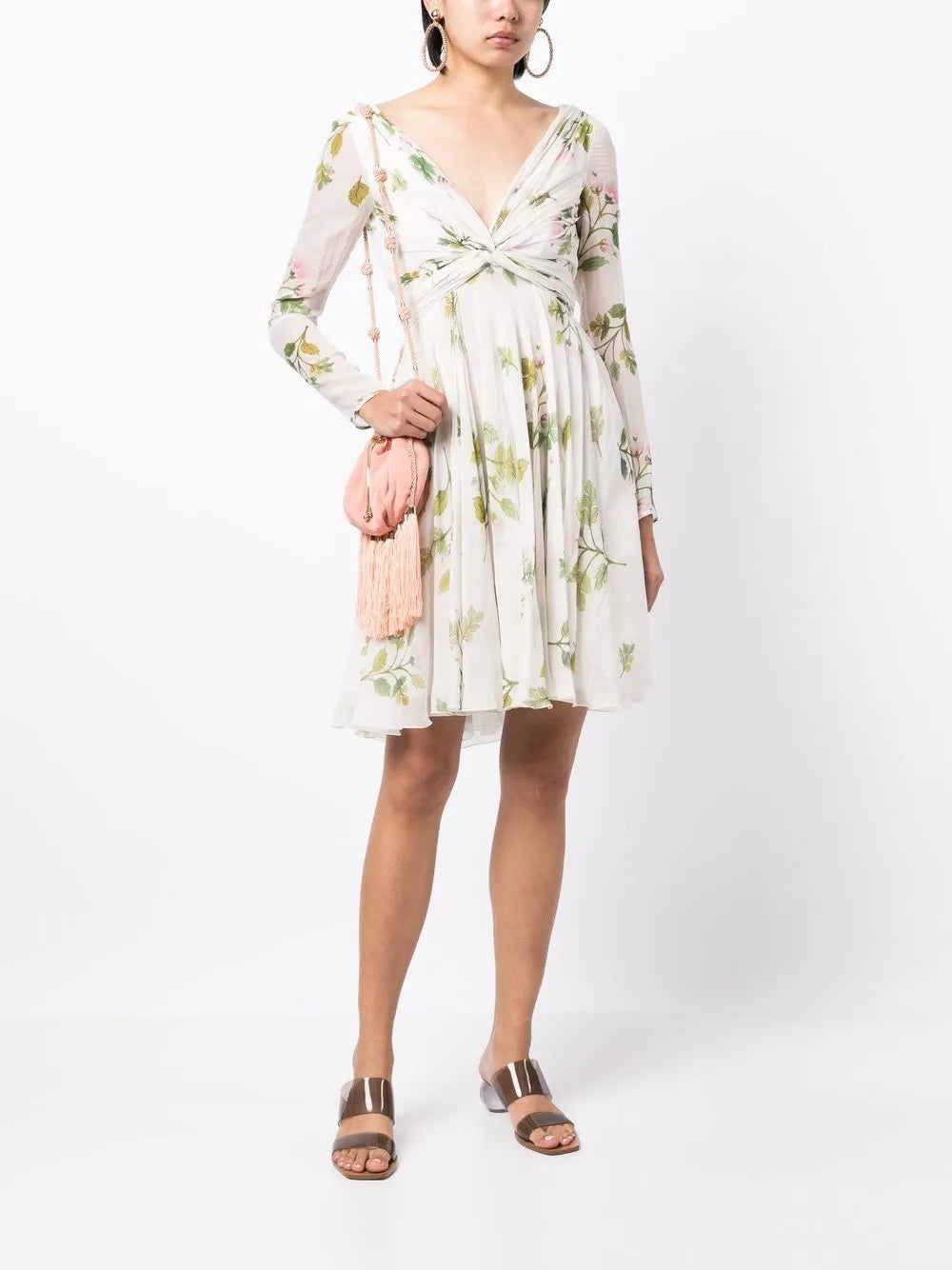 Gathered Floral-Print Silk Dress