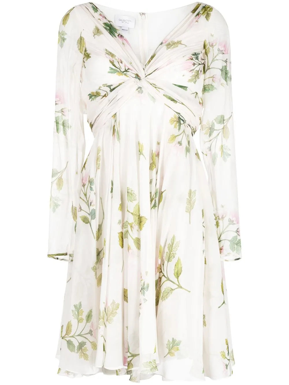 Gathered Floral-Print Silk Dress