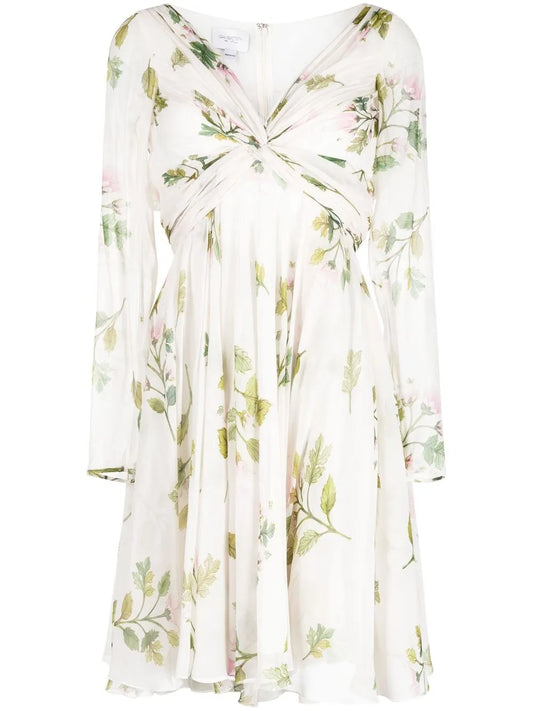 Gathered Floral-Print Silk Dress