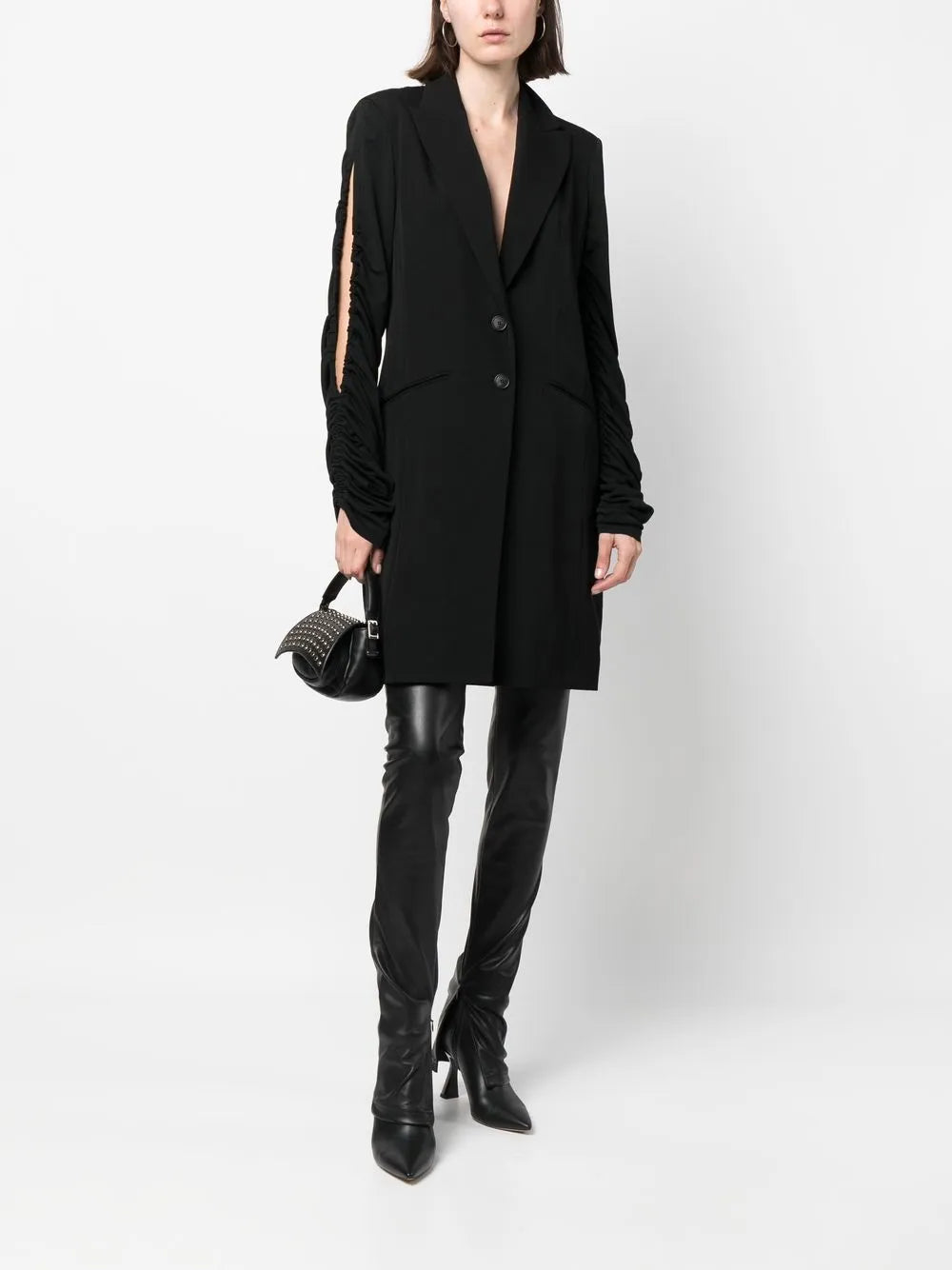 Ruched-Sleeve Wool Blazer Dress