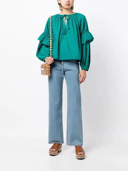 Tie-Front Puff-Sleeve Blouse