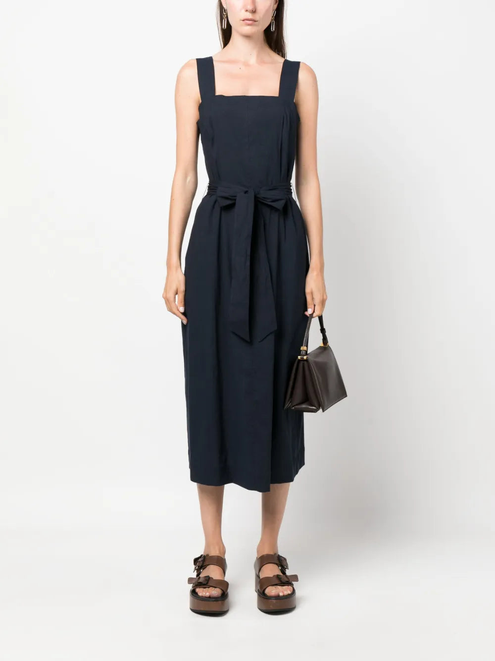 Belted Square-Neck Midi Dress