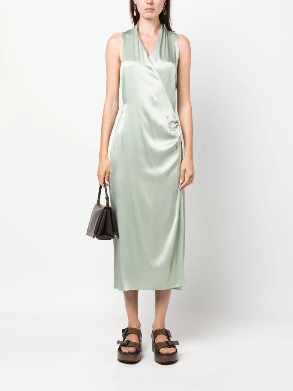 Satin-Finish V-Neck Wrap Dress