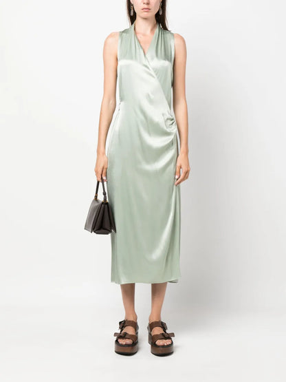 Satin-Finish V-Neck Wrap Dress