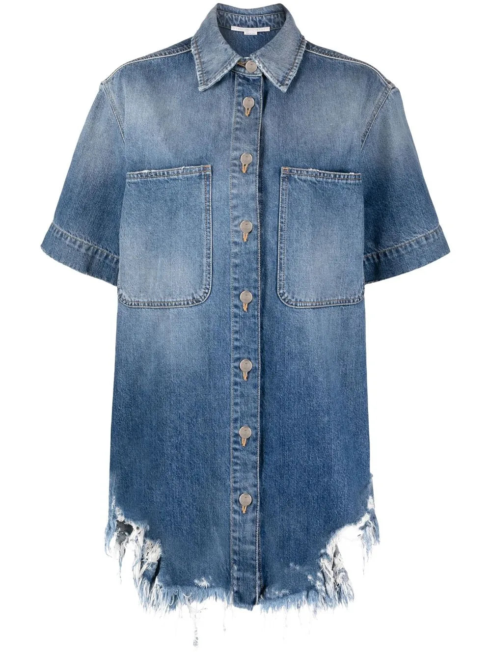 Ripped-Hem Short-Sleeved Denim Shirt