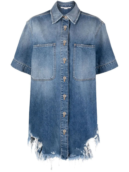 Ripped-Hem Short-Sleeved Denim Shirt