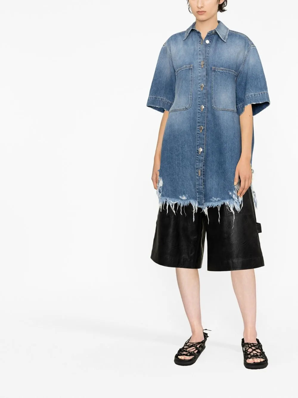 Ripped-Hem Short-Sleeved Denim Shirt