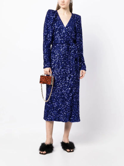 Sequin-Embellished Wrap Midi Dress
