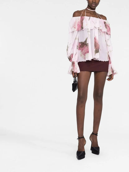 Ruffled-Trim Floral-Print Blouse